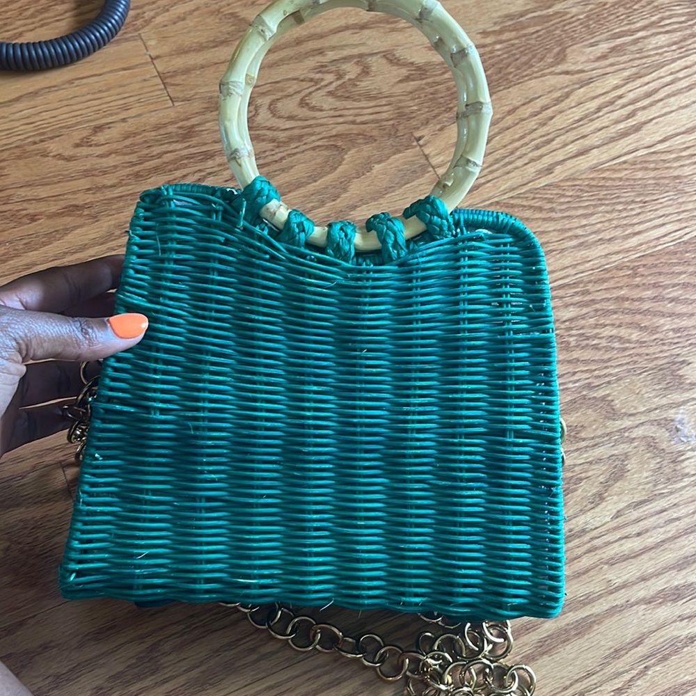 Green and gold straw bag